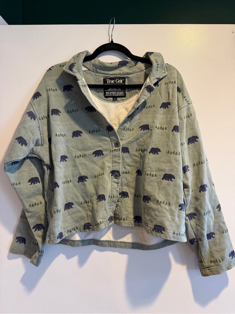 True Grit Sage Green Bear Print Button-Front Hoodie